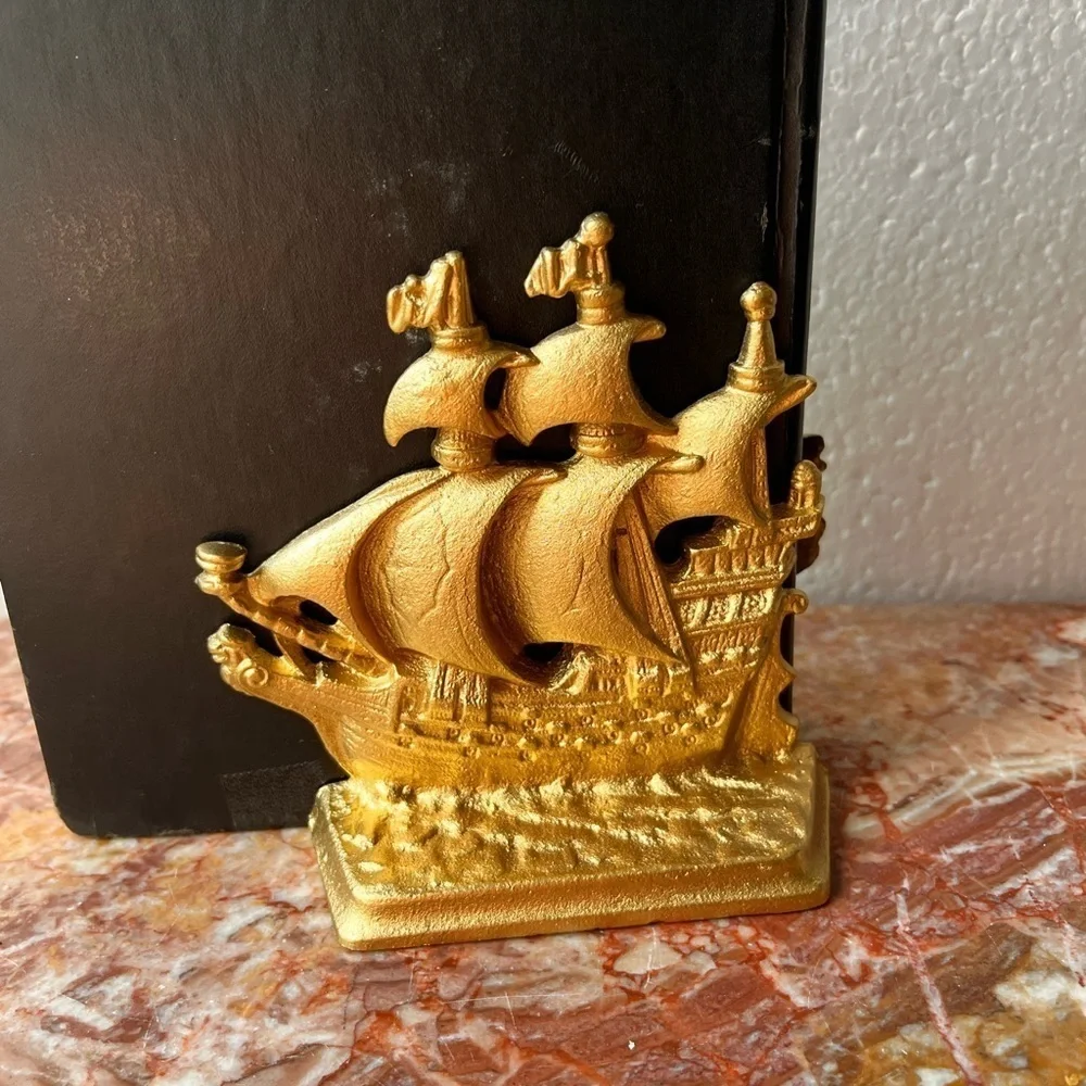 Antique Bronze gilded Bookend Sailing Boat 1803 Galleon Time Of Elizabeth Stamp